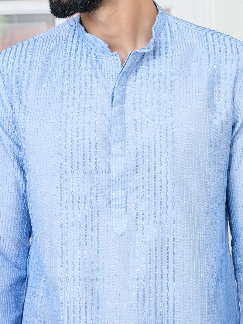 Light Blue Embroidered Thread Work Sequin Chanderi Silk Straight Kurta