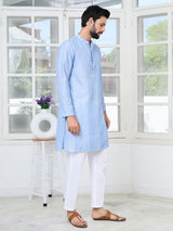 Light Blue Embroidered Thread Work Sequin Chanderi Silk Straight Kurta