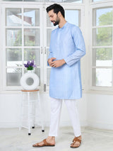 Light Blue Embroidered Thread Work Sequin Chanderi Silk Straight Kurta