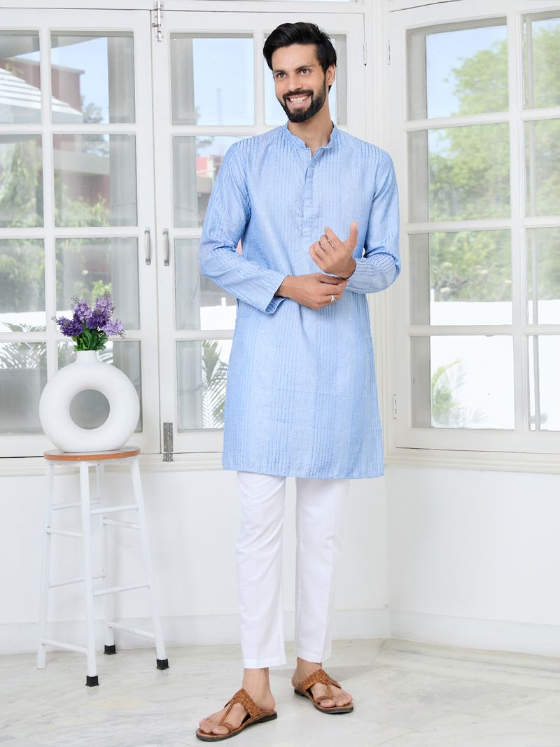 Light Blue Embroidered Thread Work Sequin Chanderi Silk Straight Kurta