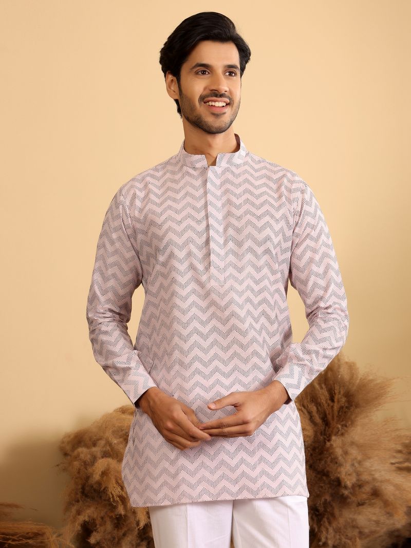 Light Pink-Black Thread Work Cotton Short Kurta