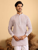 Light Pink-Black Thread Work Cotton Short Kurta