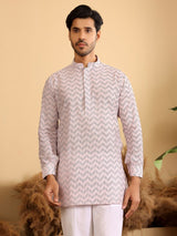 Light Pink-Black Thread Work Cotton Short Kurta