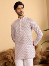 Light Pink-Black Thread Work Cotton Short Kurta