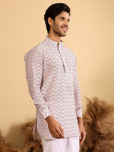 Light Pink-Black Thread Work Cotton Short Kurta