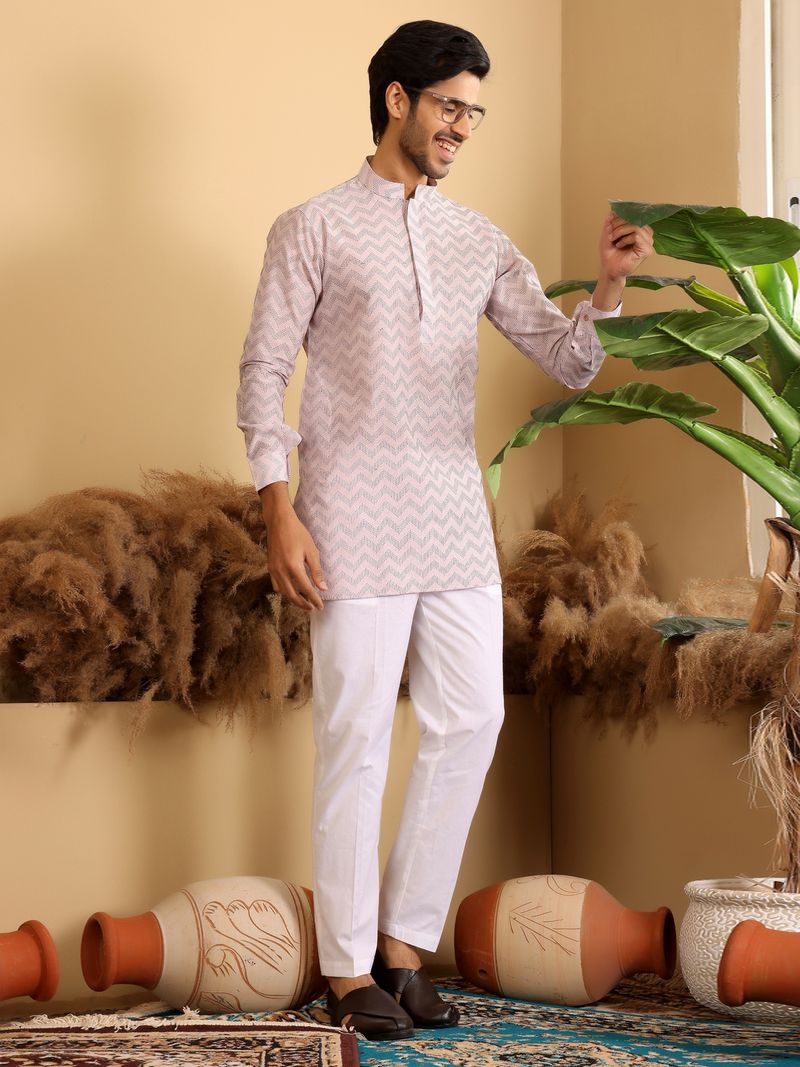 Light Pink-Black Thread Work Cotton Short Kurta
