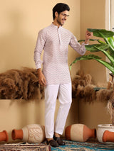 Light Pink-Black Thread Work Cotton Short Kurta