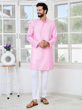 Light Pink Embroidered Thread Work Sequin Chanderi Silk Straight Kurta