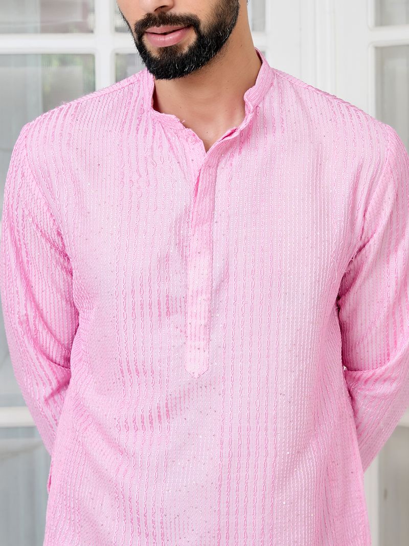 Light Pink Embroidered Thread Work Sequin Chanderi Silk Straight Kurta