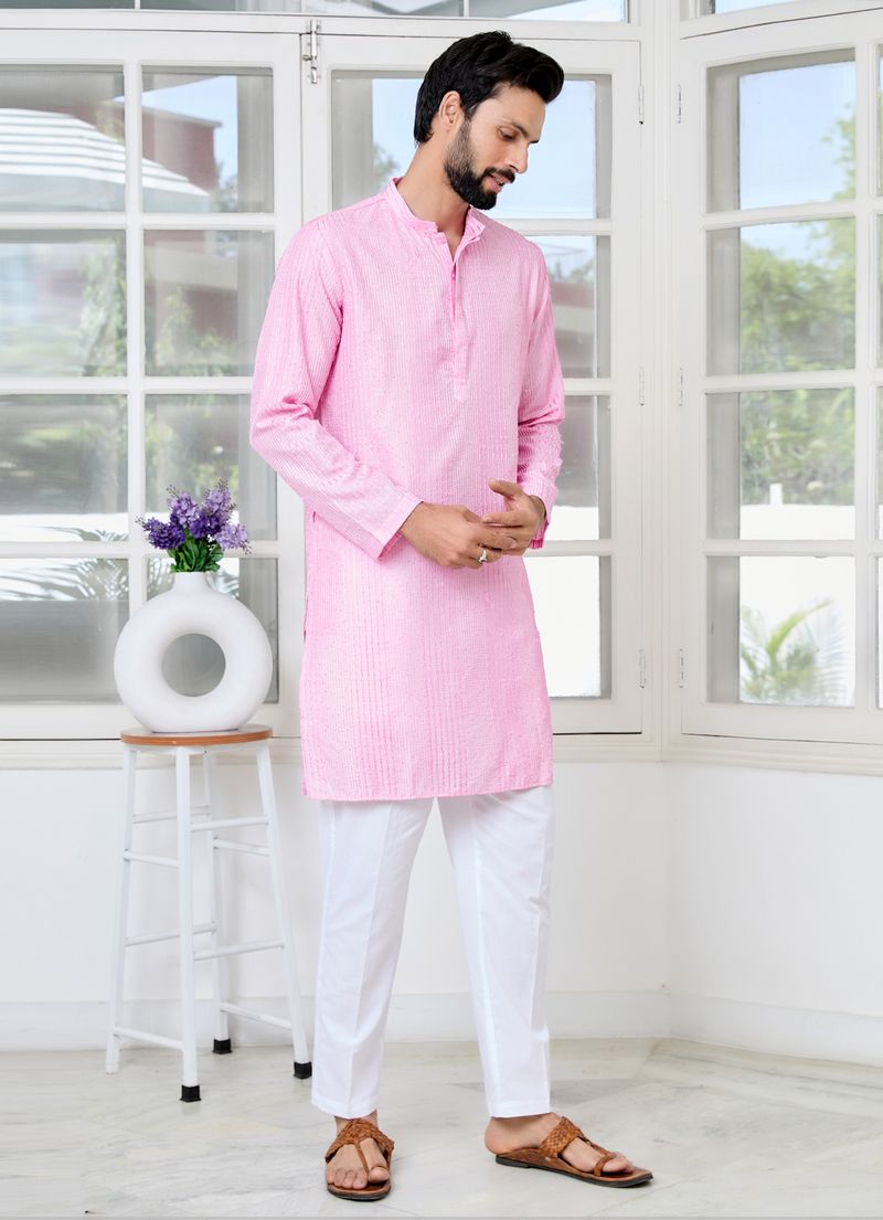 Light Pink Embroidered Thread Work Sequin Chanderi Silk Straight Kurta
