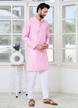 Light Pink Embroidered Thread Work Sequin Chanderi Silk Straight Kurta