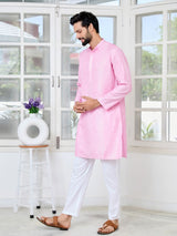 Light Pink Embroidered Thread Work Sequin Chanderi Silk Straight Kurta