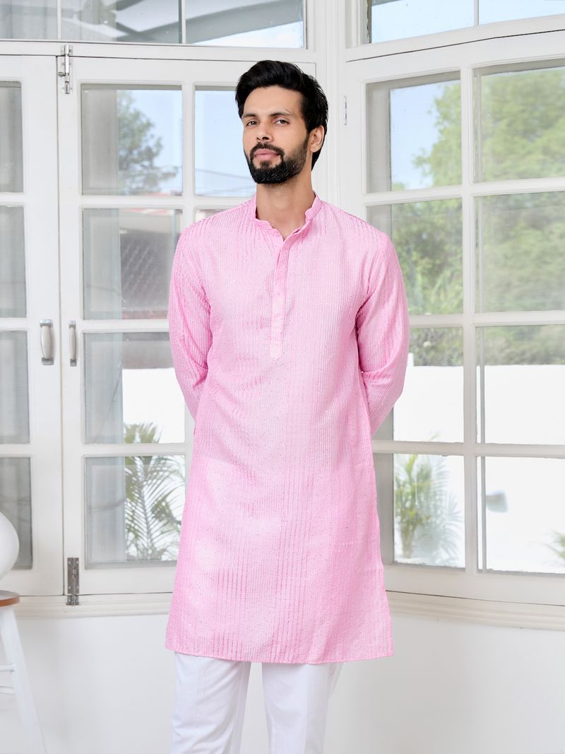 Light Pink Embroidered Thread Work Sequin Chanderi Silk Straight Kurta