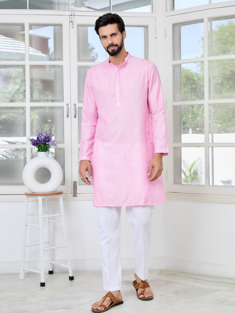 Light Pink Embroidered Thread Work Sequin Chanderi Silk Straight Kurta