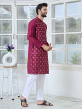Maroon Ethnic Motifs Embroidered Sequin Mandarin Collar Straight Kurta