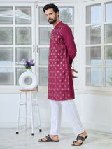 Maroon Ethnic Motifs Embroidered Sequin Mandarin Collar Straight Kurta