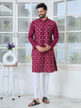 Maroon Ethnic Motifs Embroidered Sequin Mandarin Collar Straight Kurta