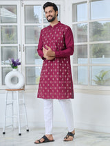 Maroon Ethnic Motifs Embroidered Sequin Mandarin Collar Straight Kurta