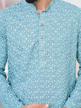 Men Blue Embroidered Mandarin Collar Straight Kurta