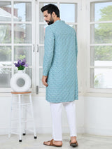 Men Blue Embroidered Mandarin Collar Straight Kurta