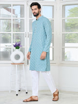 Men Blue Embroidered Mandarin Collar Straight Kurta