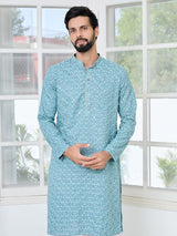 Men Blue Embroidered Mandarin Collar Straight Kurta