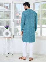 Men Blue Embroidered Straight Kurta