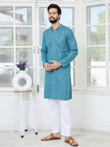 Men Blue Embroidered Straight Kurta