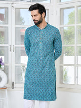 Men Blue Embroidered Straight Kurta