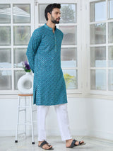 Men Dark Blue Embroidered Mandarin Collar Straight Kurta
