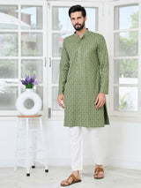 Men Dark Green Embroidered Straight Kurta
