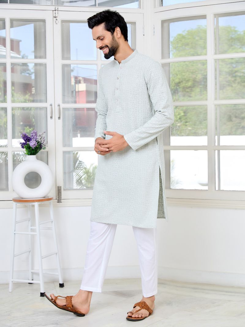 Men Grey Ethnic Motifs Sequins Embroidered Straight Kurta