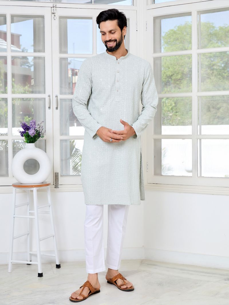 Men Grey Ethnic Motifs Sequins Embroidered Straight Kurta