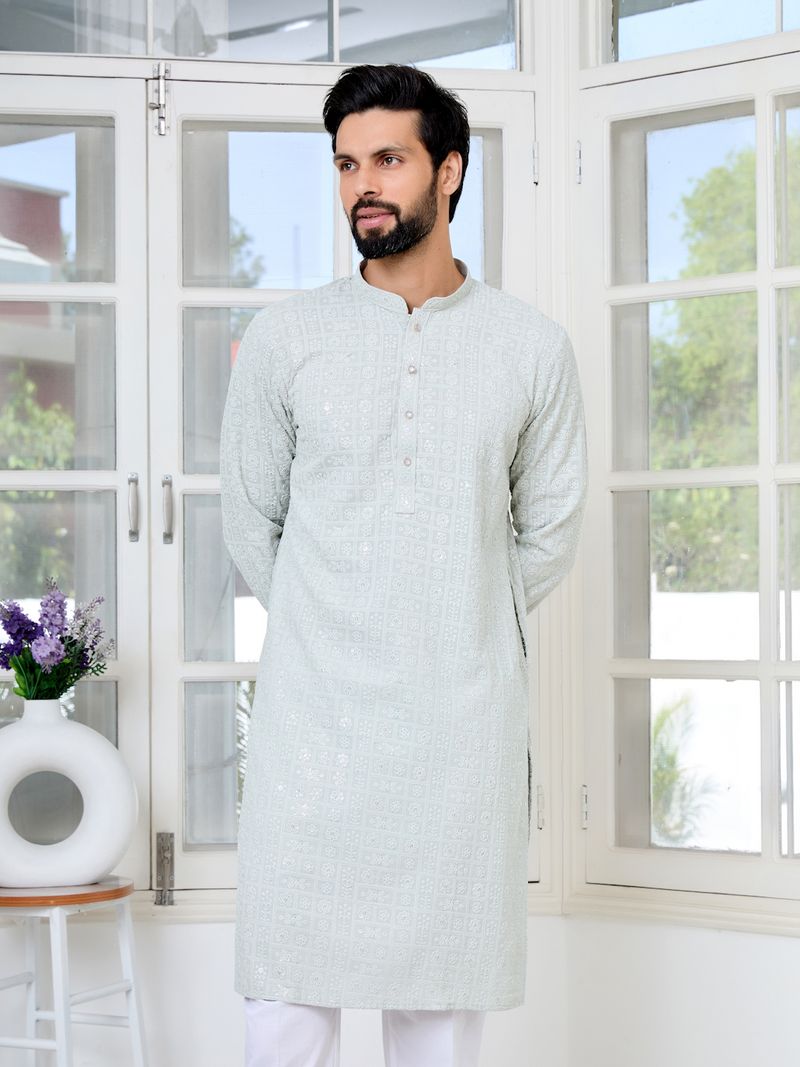 Men Grey Ethnic Motifs Sequins Embroidered Straight Kurta