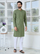 Men Green Embroidered Mandarin Collar Straight Kurta