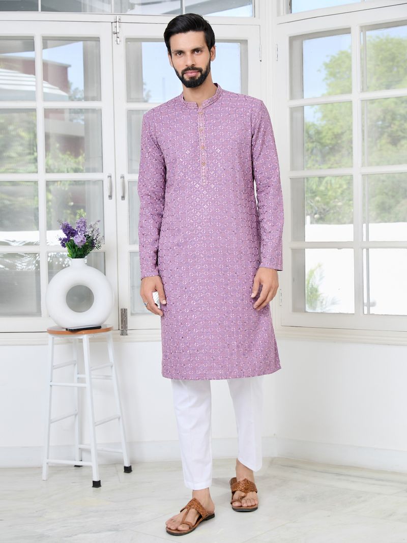 Men Lavender Embroidered Mandarin Collar Straight Kurta