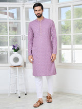 Men Lavender Embroidered Mandarin Collar Straight Kurta