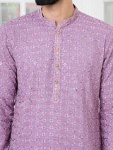 Men Lavender Embroidered Mandarin Collar Straight Kurta