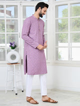Men Lavender Embroidered Mandarin Collar Straight Kurta