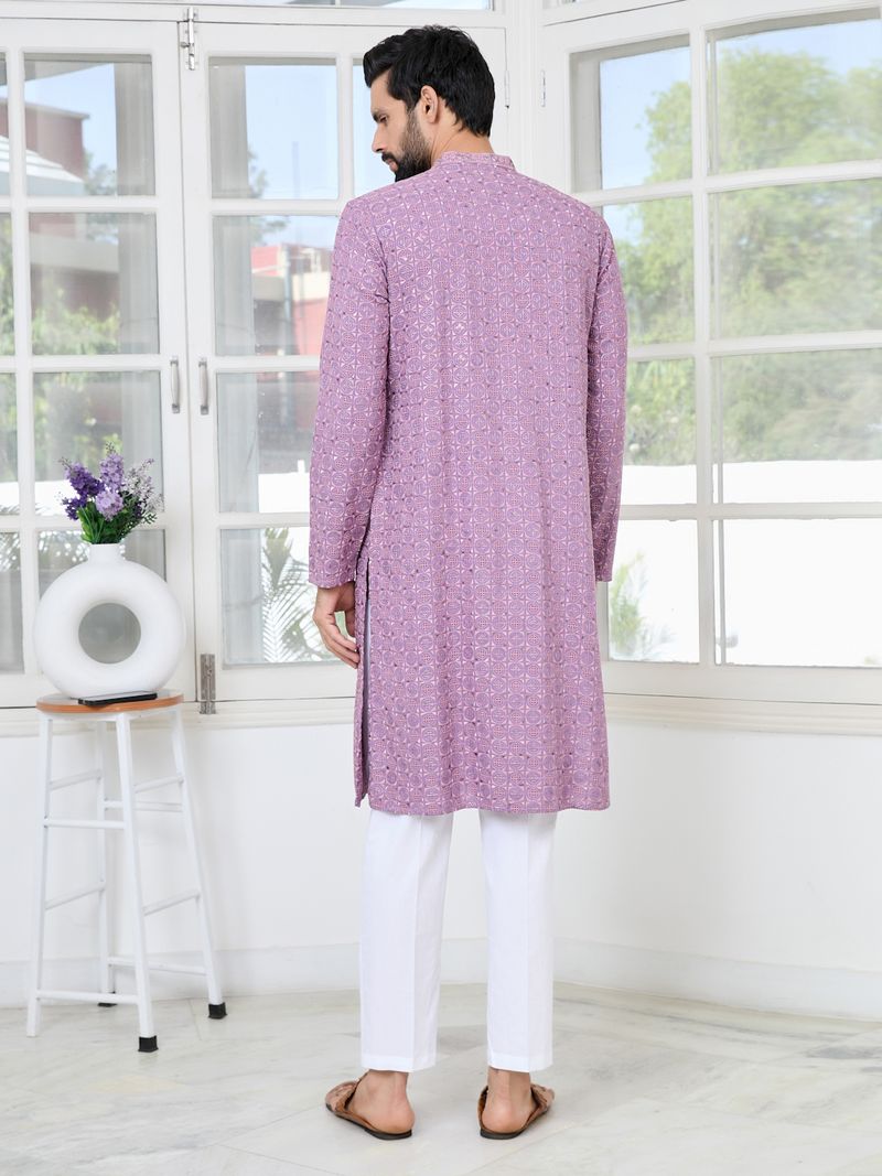 Men Lavender Embroidered Mandarin Collar Straight Kurta