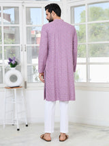 Men Lavender Embroidered Mandarin Collar Straight Kurta