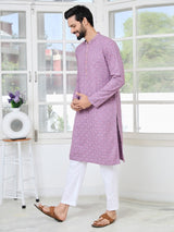 Men Lavender Embroidered Mandarin Collar Straight Kurta
