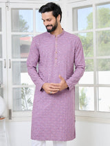 Men Lavender Embroidered Mandarin Collar Straight Kurta