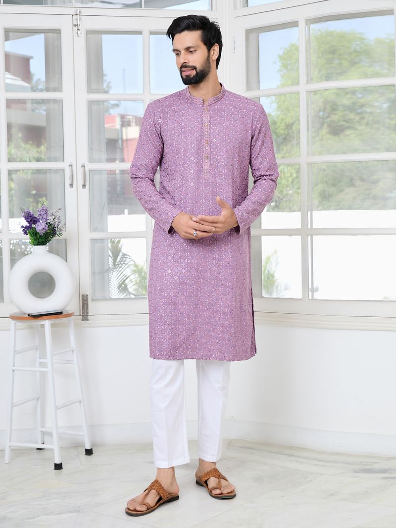 Men Lavender Embroidered Mandarin Collar Straight Kurta