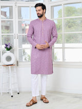 Men Lavender Embroidered Mandarin Collar Straight Kurta