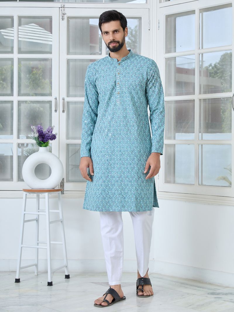 Men Light Blue Embroidered Straight Kurta
