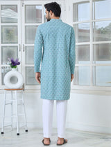 Men Light Blue Embroidered Straight Kurta
