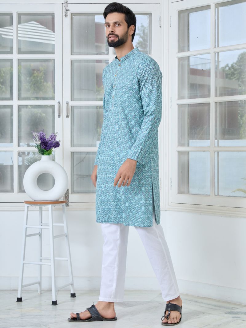 Men Light Blue Embroidered Straight Kurta