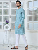 Men Light Blue Embroidered Straight Kurta