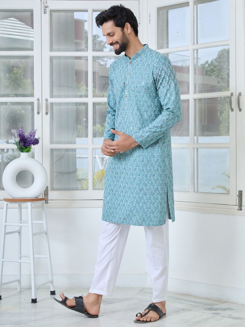 Men Light Blue Embroidered Straight Kurta